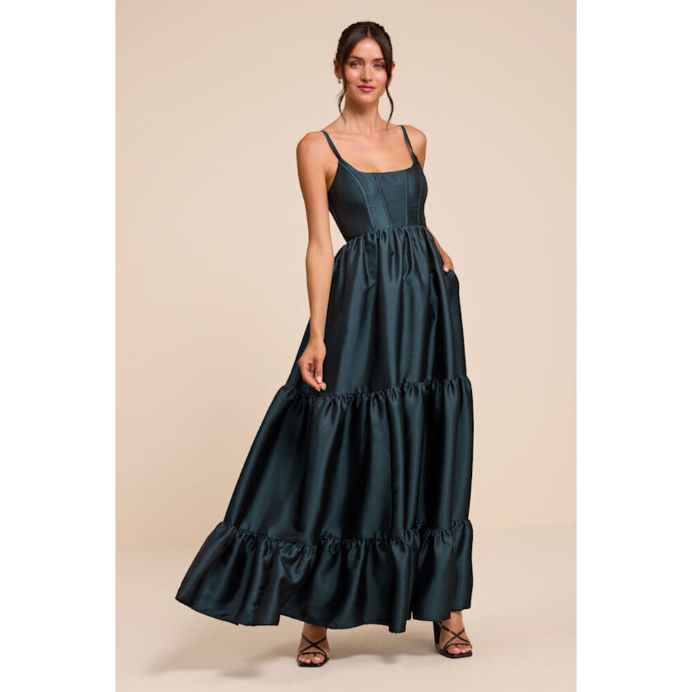 Lulus Avalie Teal Floral Tiered Bustier Maxi Dress Green - Size L
